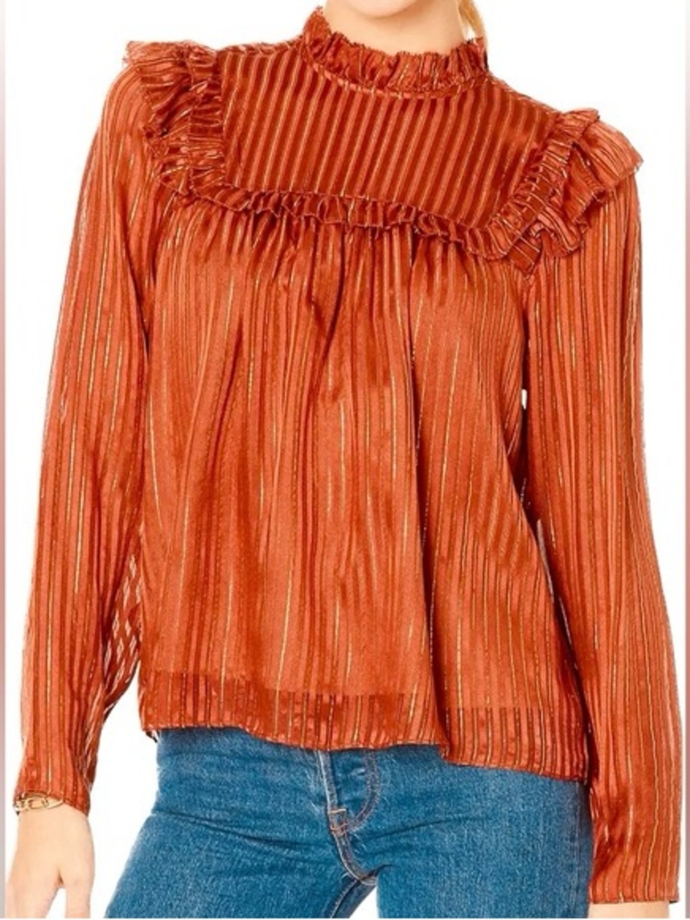Marie Oliver Metallic Burnt Orange Ruffle-Yoke Blouse